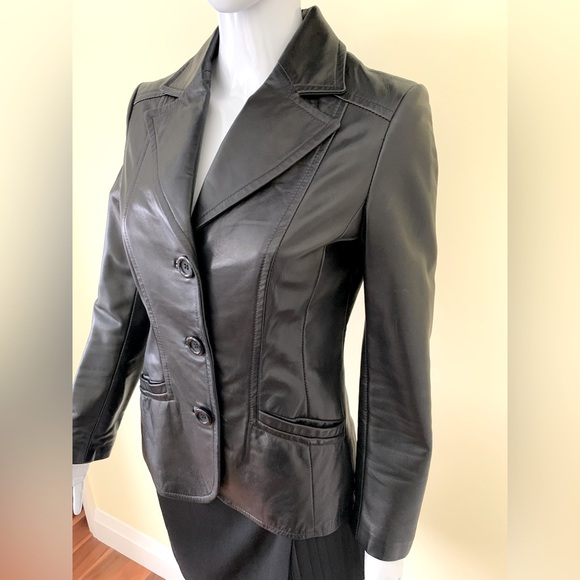 Danier Black Genuine Leather Blazer Button Jacket Goth Matrix Double Collar XXS - Picture 4 of 16